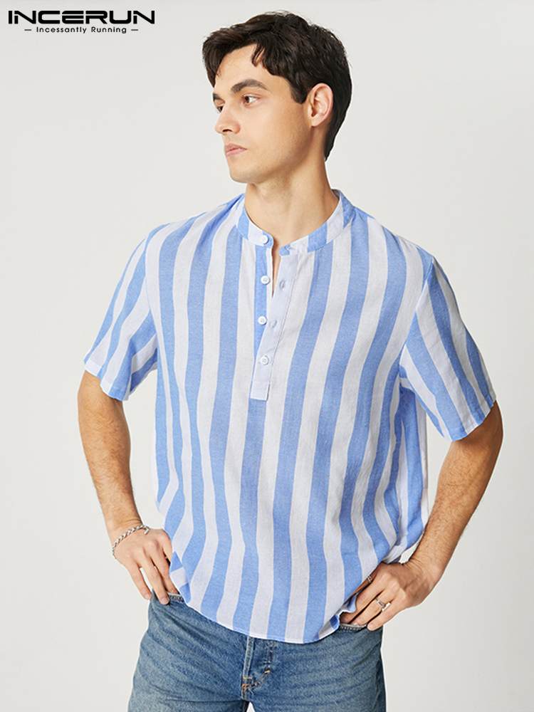 INCERUN 남성 스트라이프 셔츠 스탠드 칼라 짧은 소매 Streetwear 여름 통기성 캐주얼 남성 의류 2022 레저 Camisas S-5XL